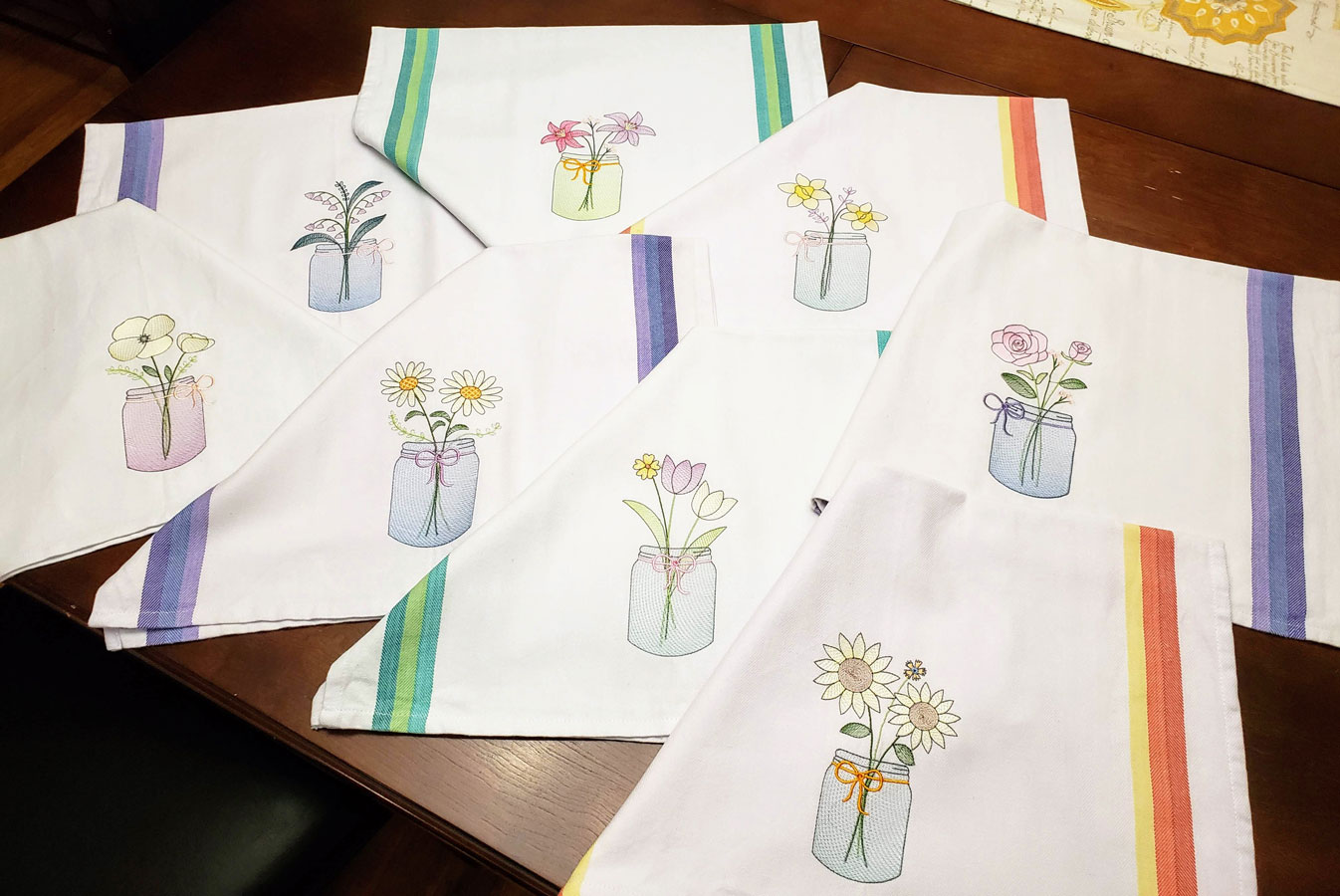 Embroidered Flowers in Mason Jars, Large Kitchen Towels - Dianne Sews & More