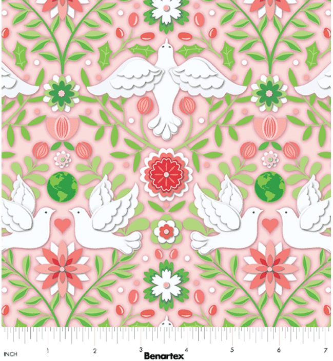 Benartex Peace on Earth Holiday Damask Coral #13663-26