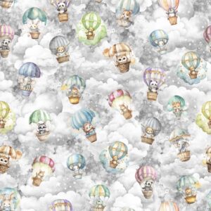 QT Fabrics Oh the Places Animals/Hot Air Ballons Sky Gray 2600-30666-K