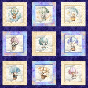 QT Fabrics Oh the Places Animals in Hot Air Balloons Violet PANEL 2600-30665-V
