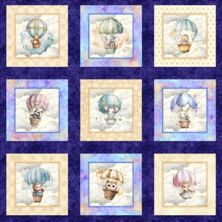 QT Fabrics Oh the Places Animals in Hot Air Balloons Violet PANEL 2600-30665-V