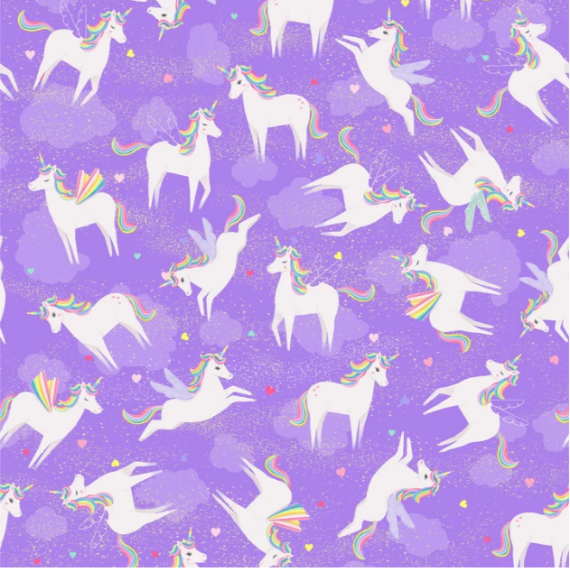 Clothworks Unicorn Love Tossed Unicorns Purple