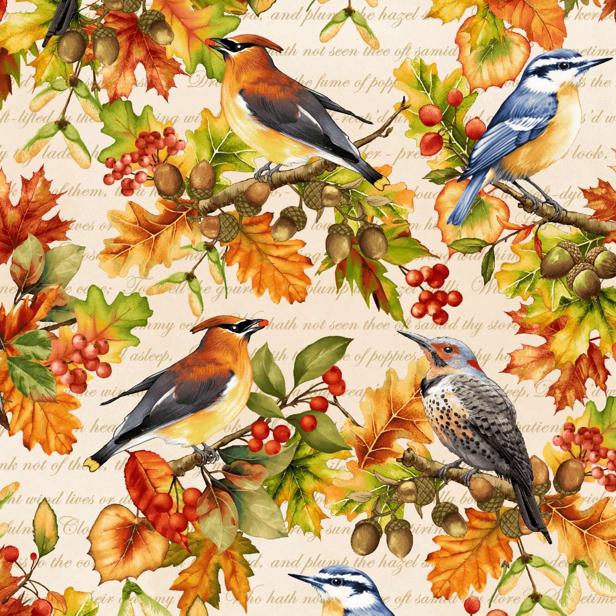 Henry Glass Oak & Berries Cream Multi Allover Birds & Leaves