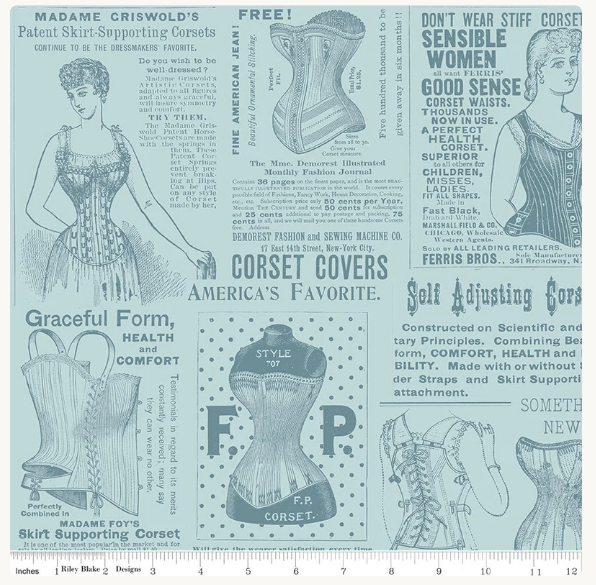 Riley Blake Sew Journal Vintage Corset Ads Blue