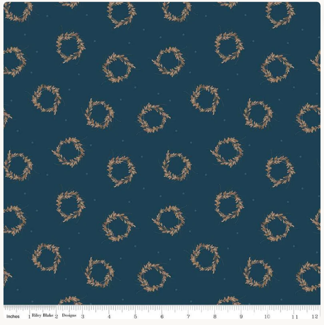 Riley Blake Huckleberry Saltbox Wreaths Dark Blue