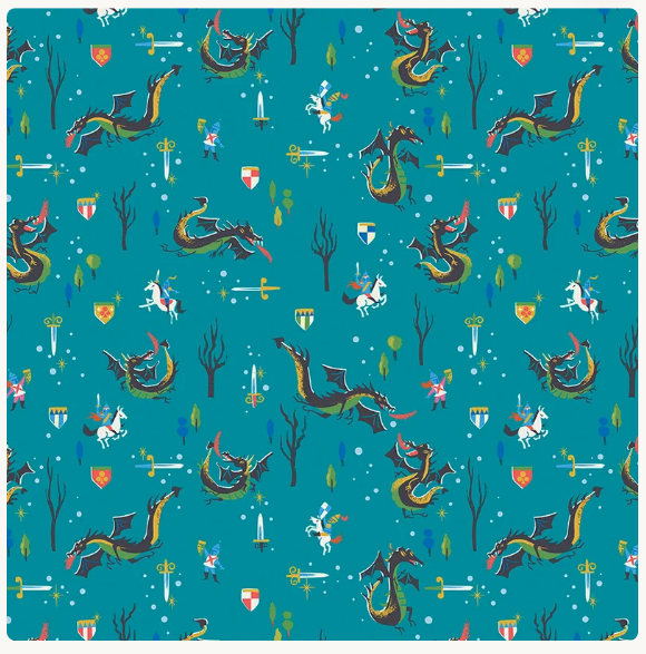 Riley Blake Little Brier Rose Dragons Teal Sparkle